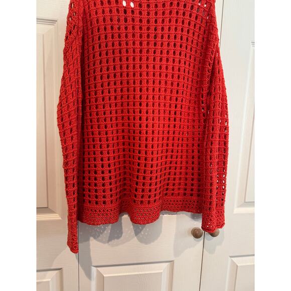 Free People Red Open Knit Mock Neck Sweater Unique Cable Chunky Oversized - Picture 5 of 7